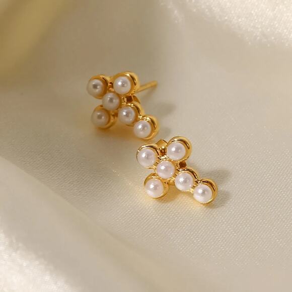 Pearl Cross Stud Earrings 18K Gold Plated Minimalist - Picture 5 of 6